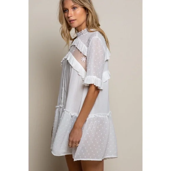 POL Ivory Ethereal Swiss Dot Mock Neck Lace Inset Mini Dress - Picture 2 of 7